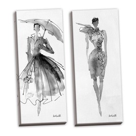 Gango Home Décor Trendy Runway Fashion Model Sketch Panel Sets by Anne Tavoletti; Two 8x20in Stretched Canvases