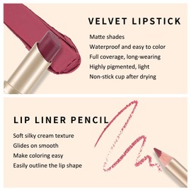 Boobeen 2 Pcs Lip Liner and Lipstick Set, Ultra-Long-Lasting Nude Matte LipLiner High Pigmented Soft Creamy Lipstick Waterproof Lip Color, Lip Makeup Gift Kit for Women