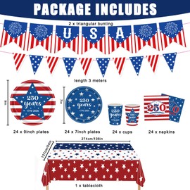 FLUUZE 250th Anniversary USA Merchandise, 4th of July Decorations, Patriotic Party Supplies for Independence Day, Tablecloth, Plates, Napkins, Cups, Banner for 4th of July, 24 Guests