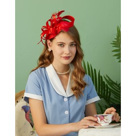 Cizoe Kentucky Derby Fascinators for Women High Tea Party Hat Wedding Cocktail Flower Headware with Mesh and Feathers(Y-red)