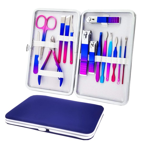 SHICEN Manicure Set, Professional Nail Clippers Kit, Pedicure Care Tools, Professional Women Grooming Kit -Premium Stainless Steel with Blue Travel Case Set 15PC Great Gift(Colorful)
