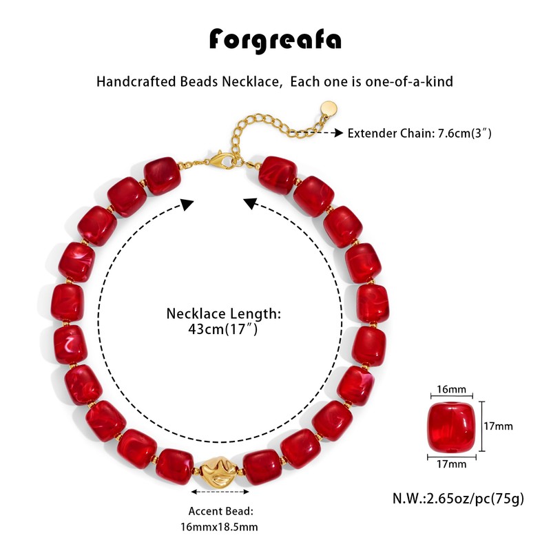 Forgreafa Red Chunky Beaded Necklace for Women Vintage Ruby Burgundy