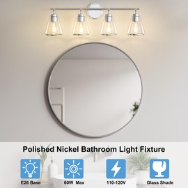 NADOSA Polished Nickel Bathroom Light Fixtures 4 Light Bathroom Vanity Lights Over Mirror with Clear Glass Shade, 30 Inch Vanity Lights for Bathroom Modern Wall Sconce Lighting (Exclude E26 Bulb)
