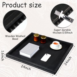 Nuogo Extra Large Square Ottoman Table Tray with Wooden Bead 24 x 24 Inch Washed Wooden Serving Tray Multifunction Decorative Square Ottoman for Coffee Table Platter Room Kitchen Counter (Black)