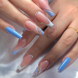 24pcs Long Coffin False Nails French Tip, Blue Stick on Nails Glitter Gold Line Rhinestone Press on Nails Removable Glue on Nails Full Cover Fake Nails Women Bridal Nail Art Accessories