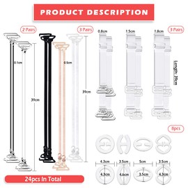 24-Piece Invisible Adjustable Bra Straps Set – Non-Slip Replacement Shoulder Straps with 8 Clips and 16 Straps in White, Black, Clear, and Beige (Full Cup Size)