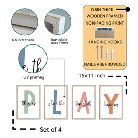 This Is Where The Fun Stuff Happens Kids Playroom Wall Art Decor 16x11 Inch Set Of 4 Rustic Kids Wood Framed Sign Toddler Modren Nursery Interesting Let's Play Prints Wall Hanging (White)