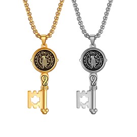 JewelryWe 2PCS Mens Key Pendant Necklace,Vintage St. Benedict Exorcism Stainless Steel Necklace with 22 Inch Chain(Silver/Gold)