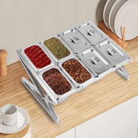 SNKOURIN Expandable Spice Rack Shelf, Stainless Steel Organizer Stand with 8 1/9 Pans 8 Ladles, Countertop Inclined Holder for Sauce Ingredients Fruits, for Kitchen Pantry Use