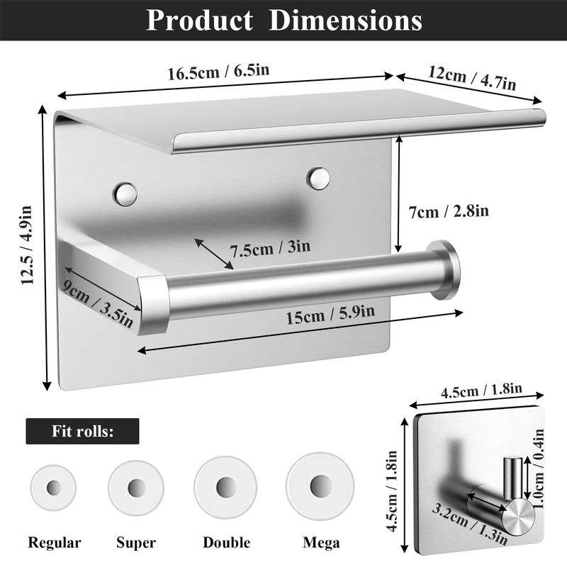Tindbea Mega Size Toilet Paper Holder with Shelf + Towel