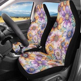 Bulopur Boho Car Seat Covers Set Purple Floral Auto Seat Covers Front Seats Anti-Slip Stretchy Carseat Cushions Protector Auto Interior Accessories for SUV Truck Vans Sedans