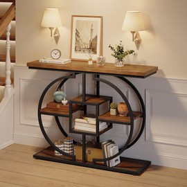 GiftGo Narrow Console Table for Entryway Industrial 4-Tier Sofa Table Behind Couch with Circle Base Rustic Wooden Accent Tables with Storage Shelves for Living Room, Hallway, Foyer (Brown)
