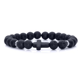 Xusamss Fashion 8MM Matte Agate Beads Bracelet Cross Elastic Bracelet(Two Lava_Onyx)