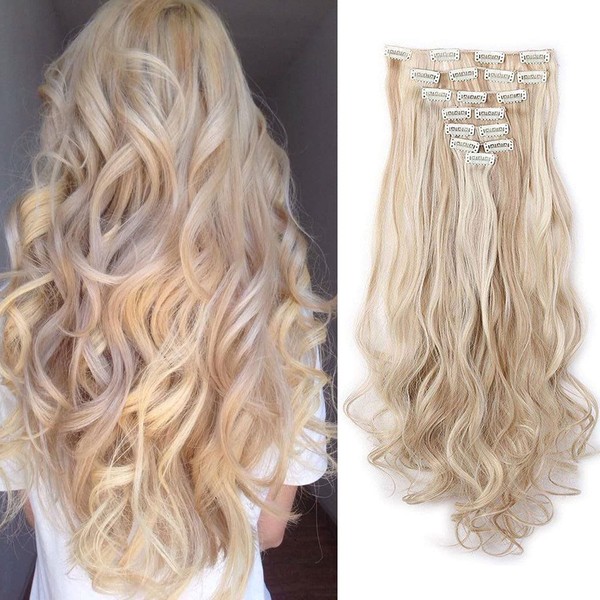 Clip-In Hair Extensions Like Real Hair Synthetic Hair Pieces 8 Wefts 18 Clips for Complete Full Head Hair Extensions 60 cm Wavy Sand Blonde & Bleach Blonde