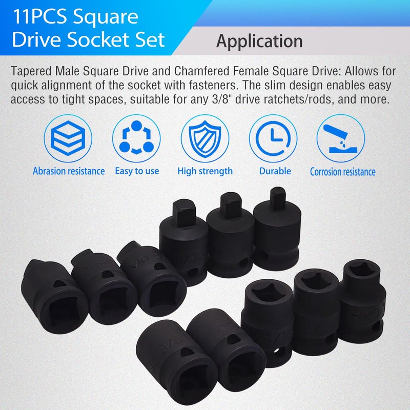 JEUCLEL 11PCS 3/8" Drive Impact Bits Sockets Set, Tapered Male