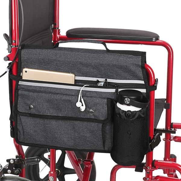 Wheelchair Organizer Storage Bag, Double-Sided Armrest Pouch with Cup Holder