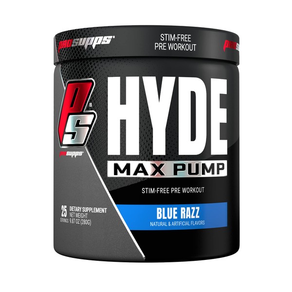 PROSUPPS Hyde Max Pump Pre Workout for Men and Women - Nitric Oxide Supplement for Pump and Endurance - Stimulant Free Pre Workout to Promote Blood Flow and Muscle Strength (Blue Razz, 25 Servings)