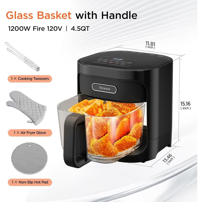 4.5QT Large Air Fryer – See-Through Glass, 360° Hot Air