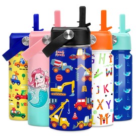 Kids Water Bottle with Straw Construction Insulated Water Bottles 12oz Stainless Steel Travel School Tumbler Double Wall Vacuum Cup for Boys Kid