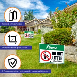 Sigo Signs Please Do Not Litter Thank You with Graphic Sign, Double Sided 9x12 Inches, Corrugated Plastic with Metal H Stake, Made in USA