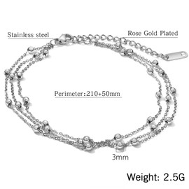 Cupimatch Women Beads Three Layer Chain Wrap Bracelets, Adjustable Stainless Steel Multi Strand Anklet Wrist Link Bangle Jewelry