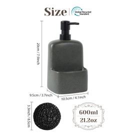 INGOFIN Ceramic Soap Dispenser with Sponge Holder - 2-in-1 Kitchen Refillable Hand Dish Soap Bottle & Sponge Caddy Set for Kitchen Sink and Bathroom, Black Grey