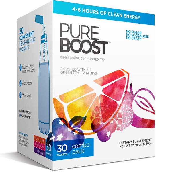 Pureboost Clean Energy Drink Mix + Immune System Support. Sugar-Free Energy with B12, Antioxidants, 25 Vitamins, Electrolytes. (Combo Pack, 30 Count)