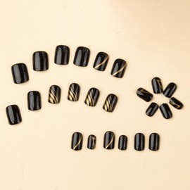 24 PCS Press on Nails Square Black Gold Lines Designs Winter Fake Nails Artificial Nude Full Cover Glue on False Nails Glossy Stick on Acrylic Nails for Women