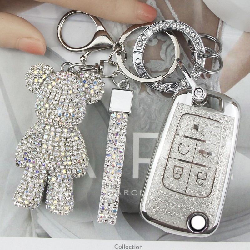 Rayslesan Cute Key Fob Cover with Rhinestone Bear Charm, Bling