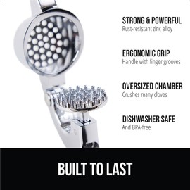 GORILLA GRIP Garlic Press and Peel Set, Heavy Duty Mincer Tool, Easily Mince and Crush Garlics, Ginger, Nuts, Seeds, Large Ergonomic Handle, Peeler Included for Peeling Cloves, Kitchen Gadgets, Black