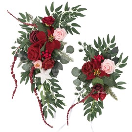 IPOPU Artificial Wedding Arch Flowers Set of 2 Faux Arch Flower Christmas Floral Swags for Wedding Welcome Signs Reception Ceremony Decoration (Red)