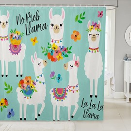 Cute Llama Bath Curtain Llama Floral Botanical Nature Theme Shower Curtain for Bathtub Kids Teens Room Cartoon Llama Alpaca Decor Bathroom Shower Curtain Set Flower Kids Bathroom Accessories 72"x72"