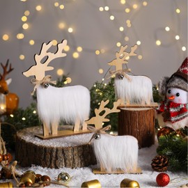 Geelin 3 Pcs Wooden Reindeer Christmas Decoration Rustic Farmhouse Elk Ornament with Faux Fur and Bell Christmas Elk Reindeer Gifts Table Centerpiece for Xmas Housewarming Home Table Tiered Tray Decor