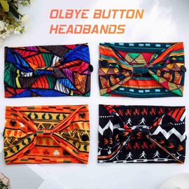 Olbye Wide Buttons Headband Nurse African Head Wraps Face Mask Headbands Elastic Knotted Turban Hairbands Workout Yoga Hair Scarfs Nursing Boho Hair Accessories for Women 4Pcs (Print A, 5.9 * 9.8'')