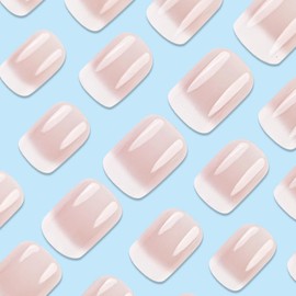 Pink White Ombre French Tip Press on Nails Short Square Fake Nails Simple Acrylic Nails Press ons Gradient Glue on Nails Glossy Full Cover Stick on Nails for Women Girls 24 Pcs
