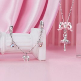 NINGAN 925 Sterling Silver Ballet Bow Safety Chain Charms Fit for European Bracelets and Necklaces Bead Dangle Charm Birthday Christmas Valentine's Day Jewelry Gifts for Women Wife Friends