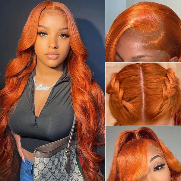 LAINSS Ginger Orange Lace Front Wigs Human Hair Pre Plucked Body Wave 13x4 Transparent HD Lace Frontal Wigs for Black Women Human Hair Glueless Colored Wigs 350# Brazilian Remy Human Hair Wig 22 inch