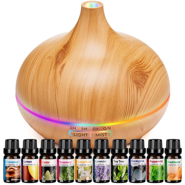 HLS Aroma Diffuser for Essential Oil Large Room Diffusers Set with 10 Essential Oils,Ultrasonic 550ml Aromatherapy Diffuser with Essential Oil, Bedroom Vaporizer Cool Mist Humidifier for Home Office