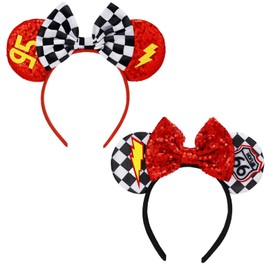 2 Pcs Red Car Mouse Ears Lightning Cars Ears Headbands Sequin Mouse Ears Headbands for Adults, Halloween Birthday Party Favors Hair Accessories