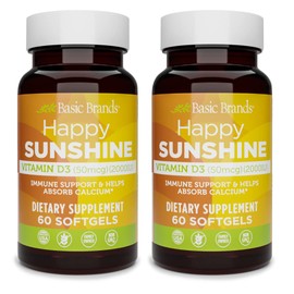 Basic Brands Happy Sunshine Vitamin D3, 2000IU, 60 Count (Pack of 2)