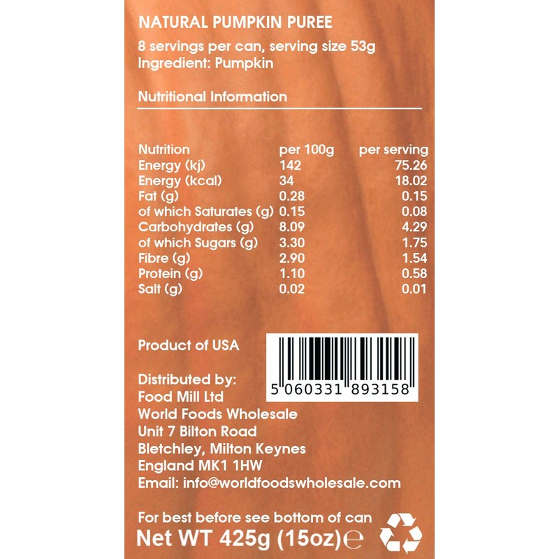 Bakeroo Tinned Pumpkin Puree (Pumpkin Pie Filling), 100% Natural -