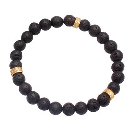 Kuzzoi Buddha Men's Natural Stone Bracelet Elastic Gemstone Bracelet Made of Lava Beads (8 mm) with Beads Made of 925 Sterling Silver Gold-Plated for Men Length 19-23 cm, Sterling Silver Yellow Gold,
