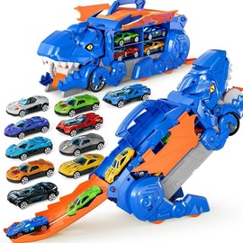 Gzsbaby Shape-shifting dinosaur truck toy, with 10 die-cast racing cars, dinosaur transport with wings and handles, suitable for children, to 34,567-year-old boys and girls birthday presents - Color: Eating a dinosaur shape-shifting railcar