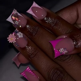 Medium Length Fake Nails 3D Flower Designs Stick on Nails Duck Nails Press on Purple French Tip False Nails Rhinestone Glue on Nails Artificial Acrylic Nails Full Cover Duck Nails for Women 24Pcs