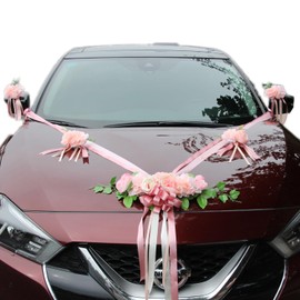 Premium Car Decoration Wedding Bonnet, Car Jewellery Bride Couple Rose Flowers Decoration, Car Wedding Decoration Garland, Pink Rose Decoration, Wedding Car Decoration Set with Extra Strong Suction