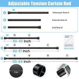 AIZESI 4PCS Black Shower Curtain Rod 30-64 Inch Adjustable Curtain Rods Never Rust & Non-Slip, No Drilling, Short Shower Rods Spring Tension Curtain Rod for Window Bathroom Doorway Closet