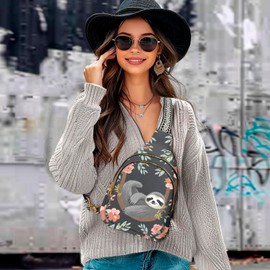 LYEMVHE Sloth Leather Sling Bag Small Crossbody Backpack Travel Shoulder Pack Hiking chest Daypack for Women Adjustable Lightweight Outdoor Waterproof Workout