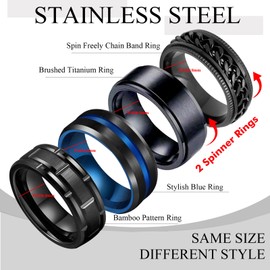 4Pcs Mens Rings Set Anxiety Spinner Chain Rotation Fidget Band Cool Bicycle Hip Hop Stainless Steel Male Jewelr Bamboo Pattern Ring 12