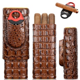 KEJIAR Cigar Travel Case Leather Cigar Humidor with Multifunctional Cigar V Cutter, Cedar Wood Lined Travel Cigar Humidor Box with Gift Box, Portable Cigar Case Holder for 3 Cigars (S)