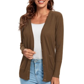 Urban CoCo Women's Button Down Lightweight Knit Cardigan Sweater with Pockets (M, Brown)